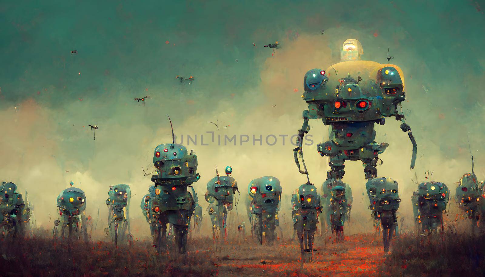 army of robots, neural network generated art. Digitally generated image. Not based on any actual scene or pattern.