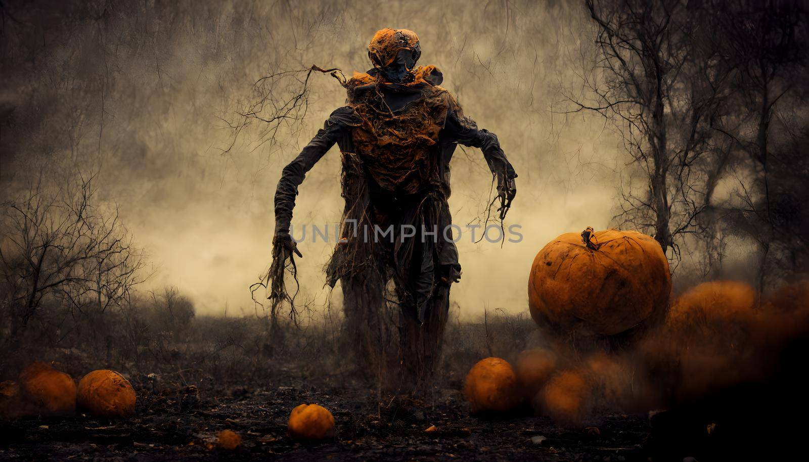 scary pumpkin head halloween monster portrait, neural network generated art. Digitally generated image. Not based on any actual scene or pattern.