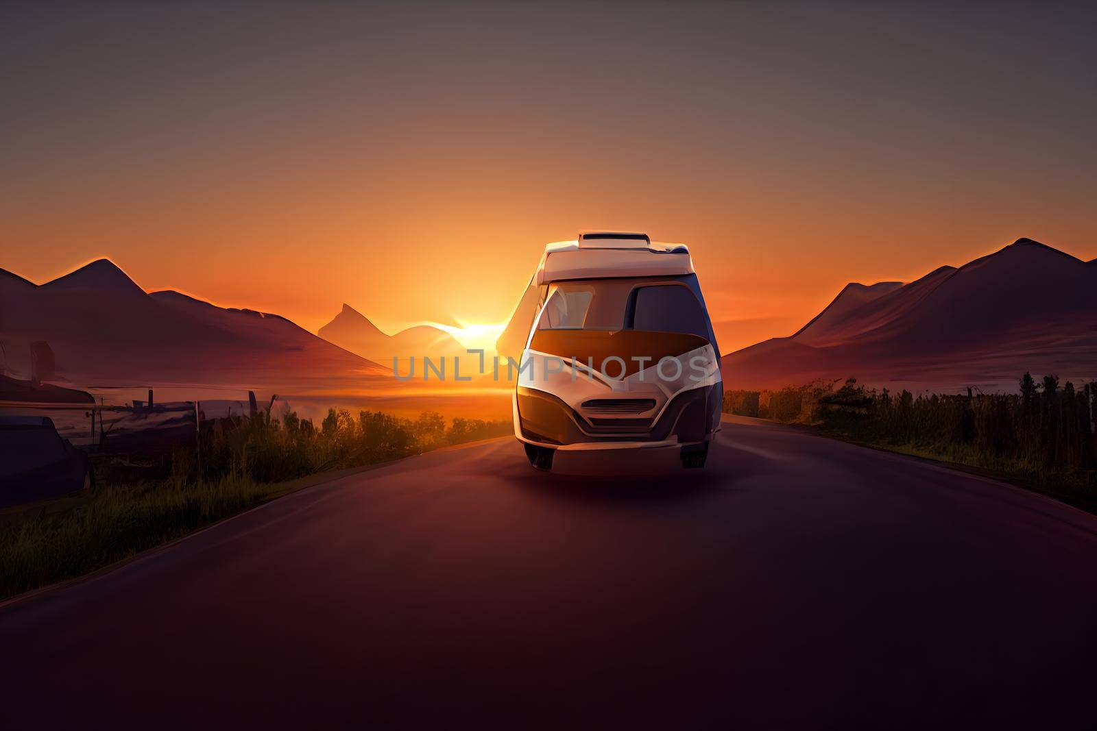 Travel van driving on sunset background. Camping car on the road. Cartoon style travel concept, neural network generated art. Digitally generated image. Not based on any actual scene or pattern.