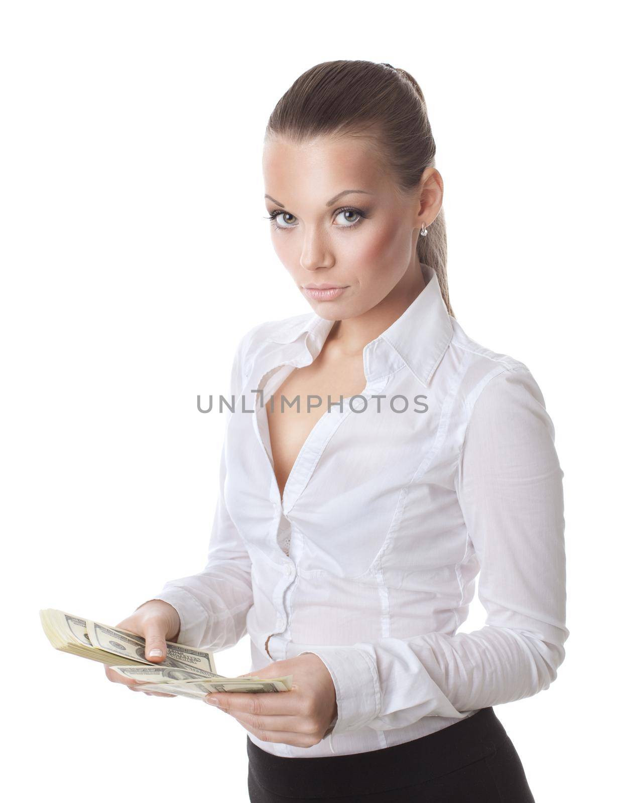 young sexy business woman count a bundle of money isolated