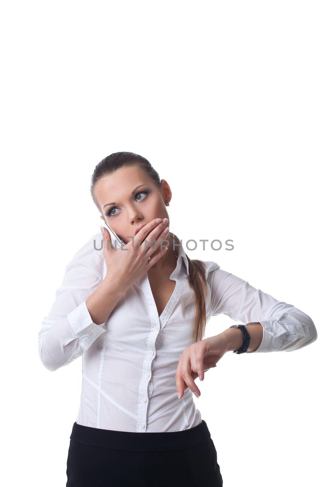 Woman talk on phone fear of time stress isolated