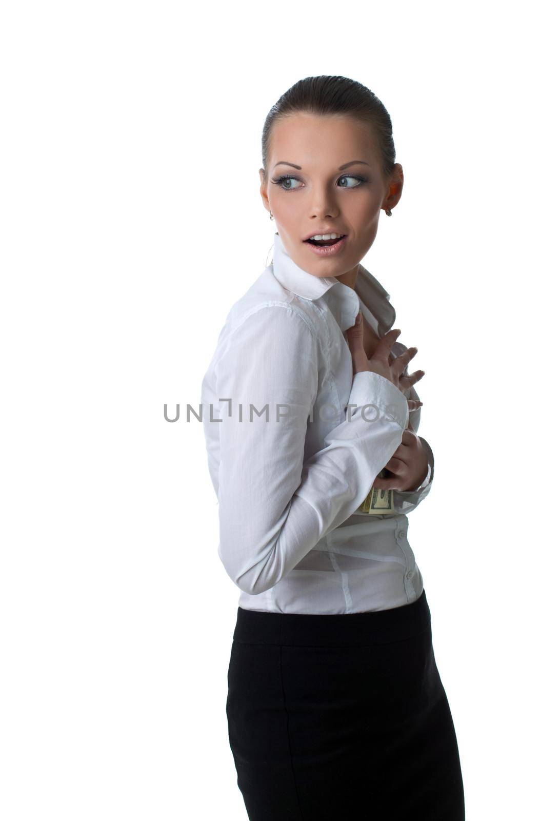 Sexy business woman hide a bundle of money isolated
