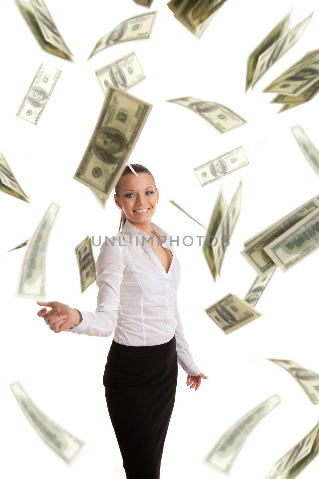 cute sexy business woman in cloud of flying dollars isolated