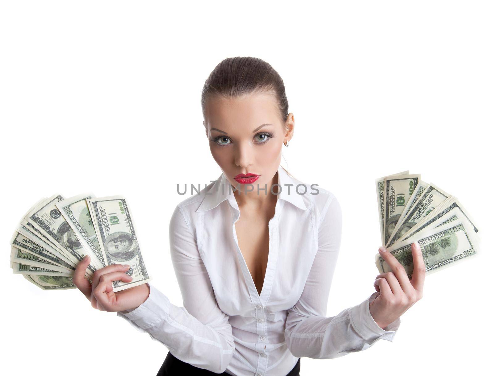 cute sexy business woman offer to you a bundle of dollars isolated
