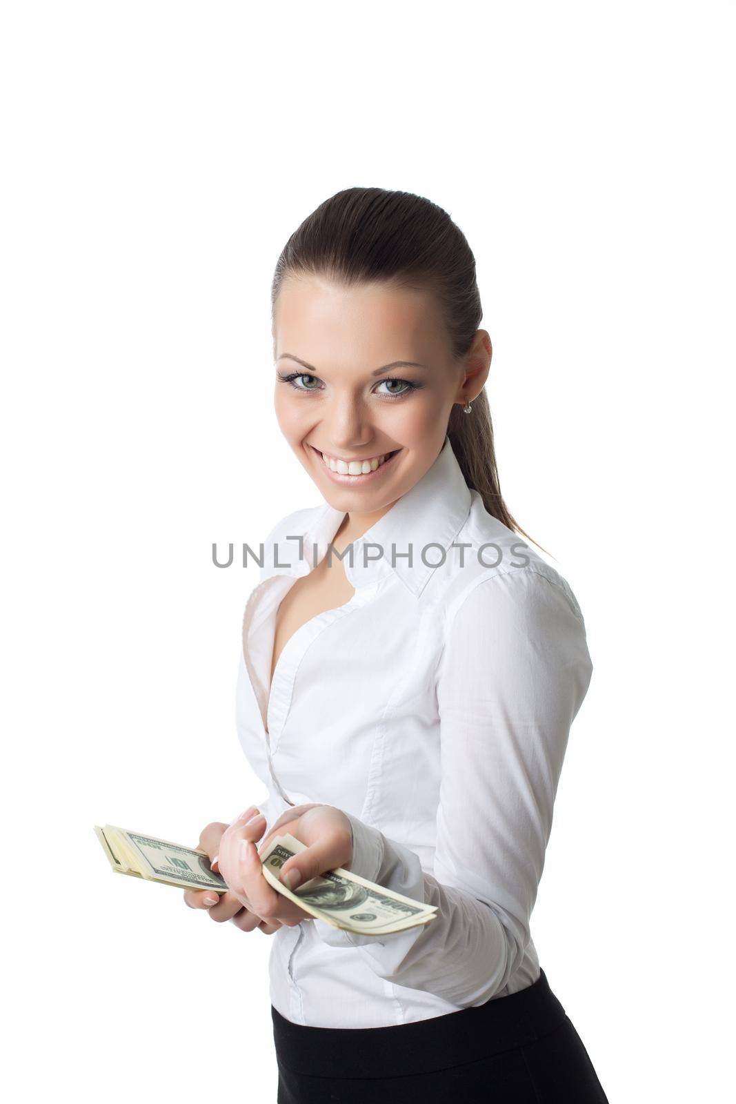 young sexy business woman offer dollars by rivertime