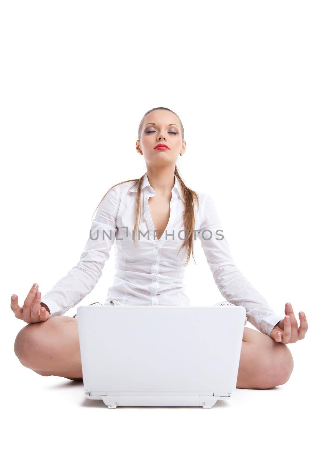 Beauty business woman sit with white laptop in lotos pose isolated