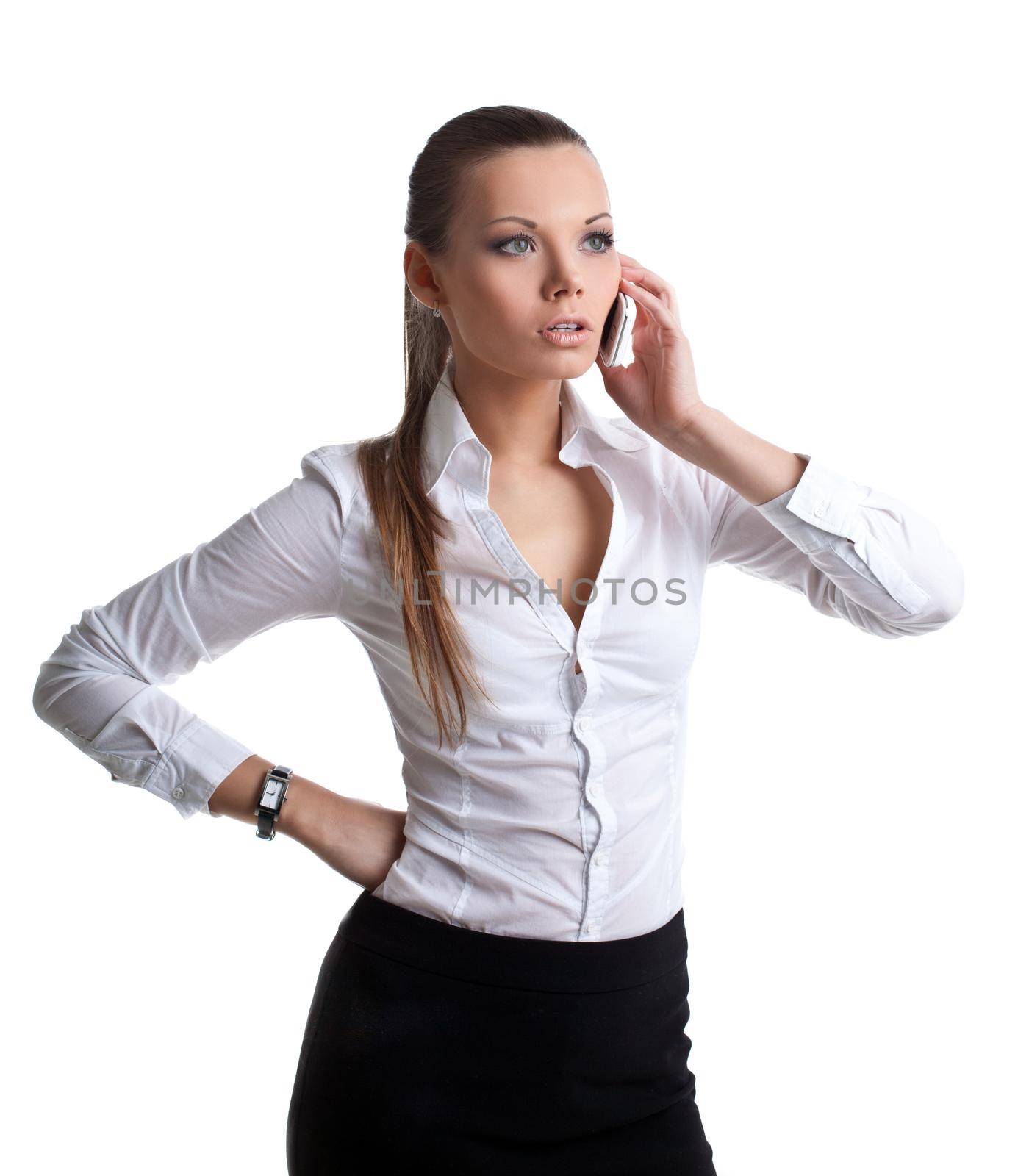 Cute business woman talk on cell phone isolated