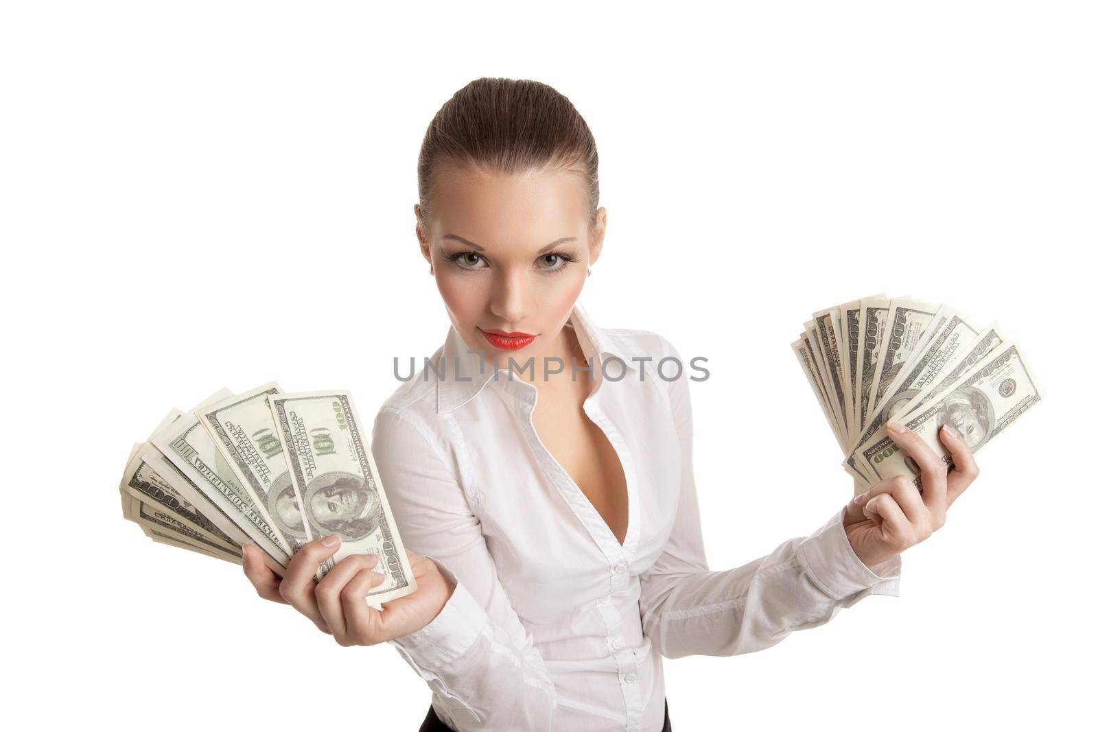 cute sexy business woman offer to you a bundle of dollars isolated