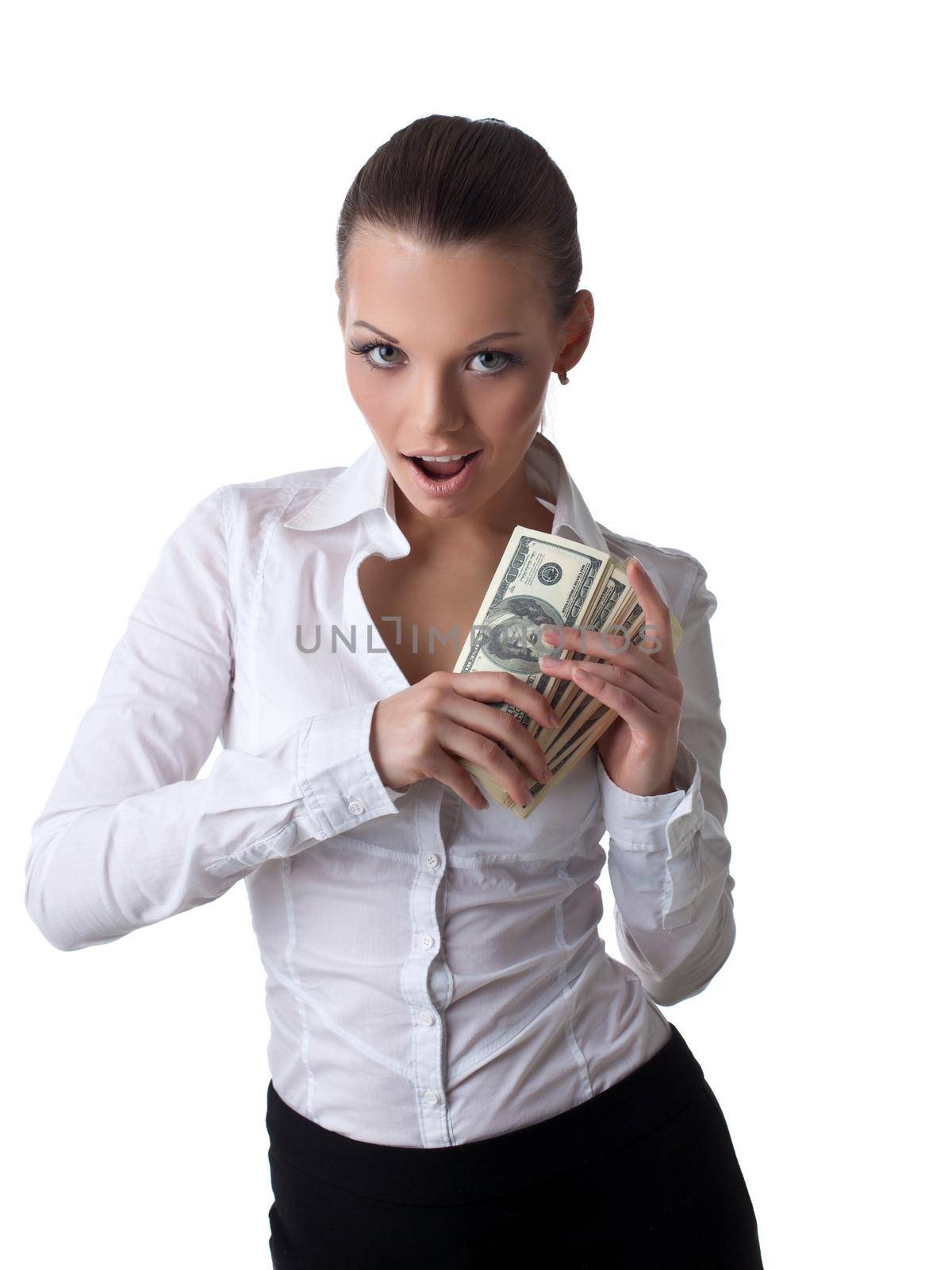 Sexy young business woman take lots of dollars isolated