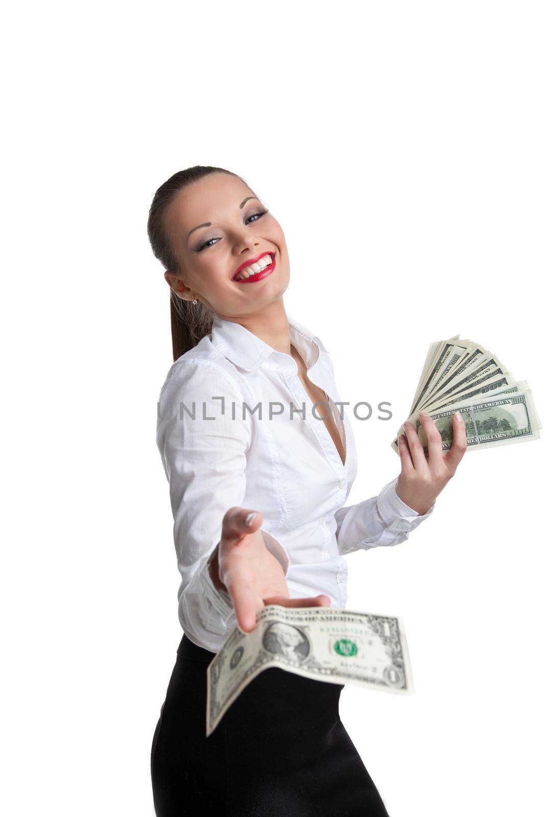 sexy business woman give a dollar with scorn isolated