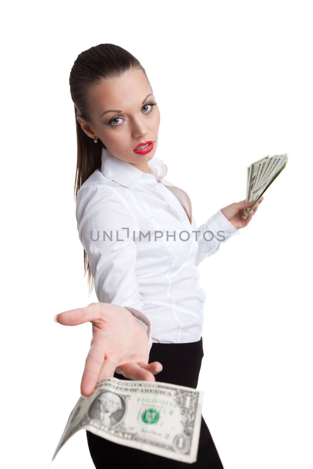 young business woman offer a dollar with scorn by rivertime