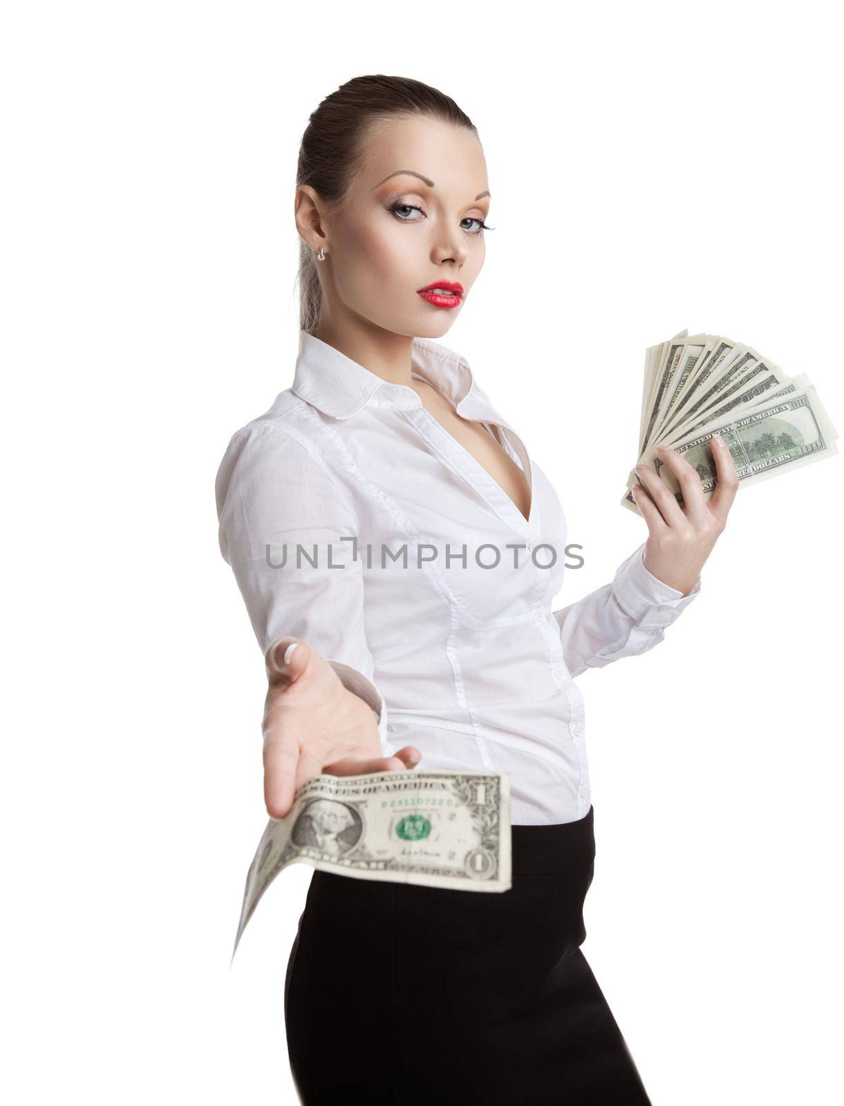 young business woman offer a bundle of money by rivertime