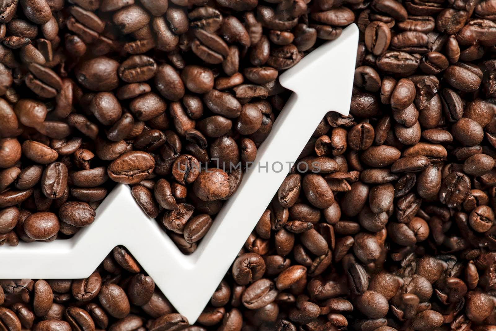 A bag of coffee beans and a chart arrow pointing up. The cost of coffee in the markets of the world. The concept of the growth of the cost of coffee beans.