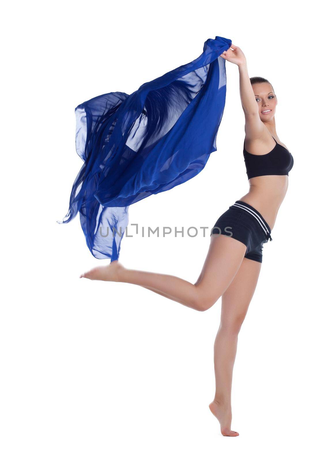 happy young woman jump with flying cloth isolated on white