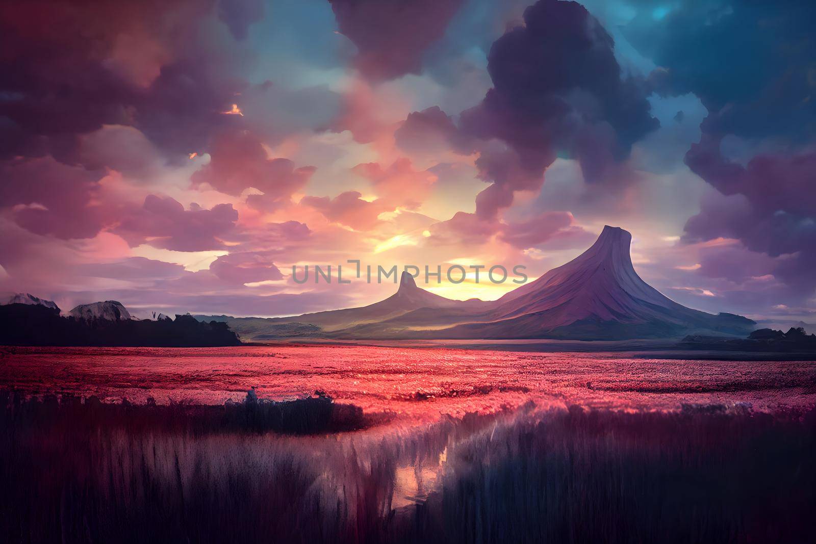 dreamy anime style summer wilderness landscape with mesa mountains, neural network generated art. Digitally generated image. Not based on any actual scene or pattern.
