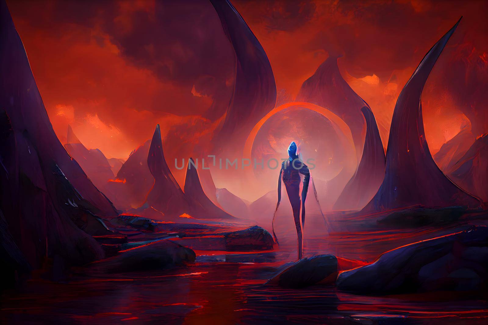 red extraterrestrial landscape with alien being in the center of image, neural network generated art by z1b