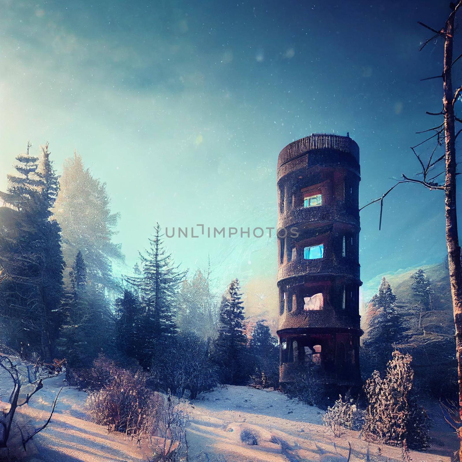 Lonely abandoned tower in the winter forest by NeuroSky