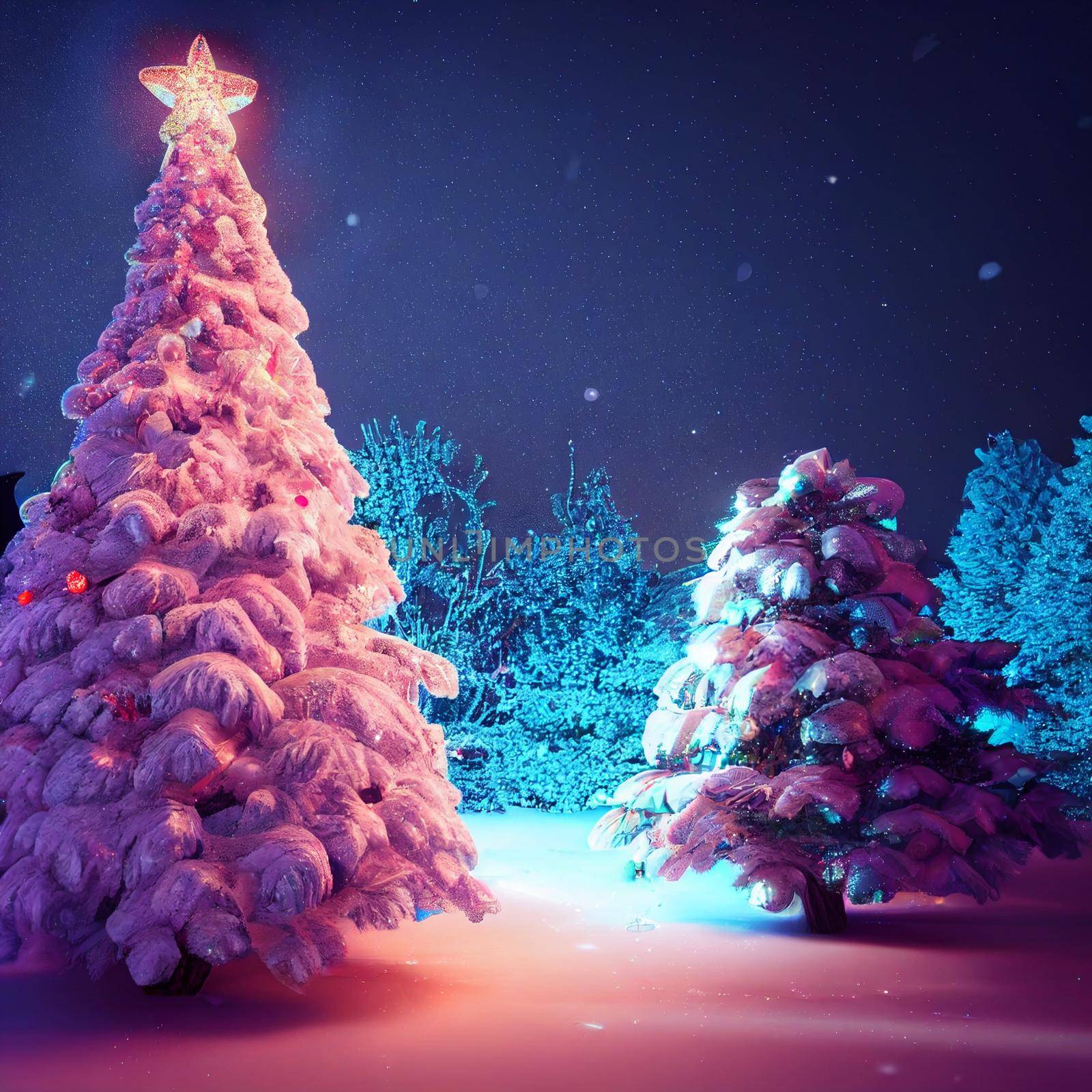 Christmas tree in the forest. High quality illustration