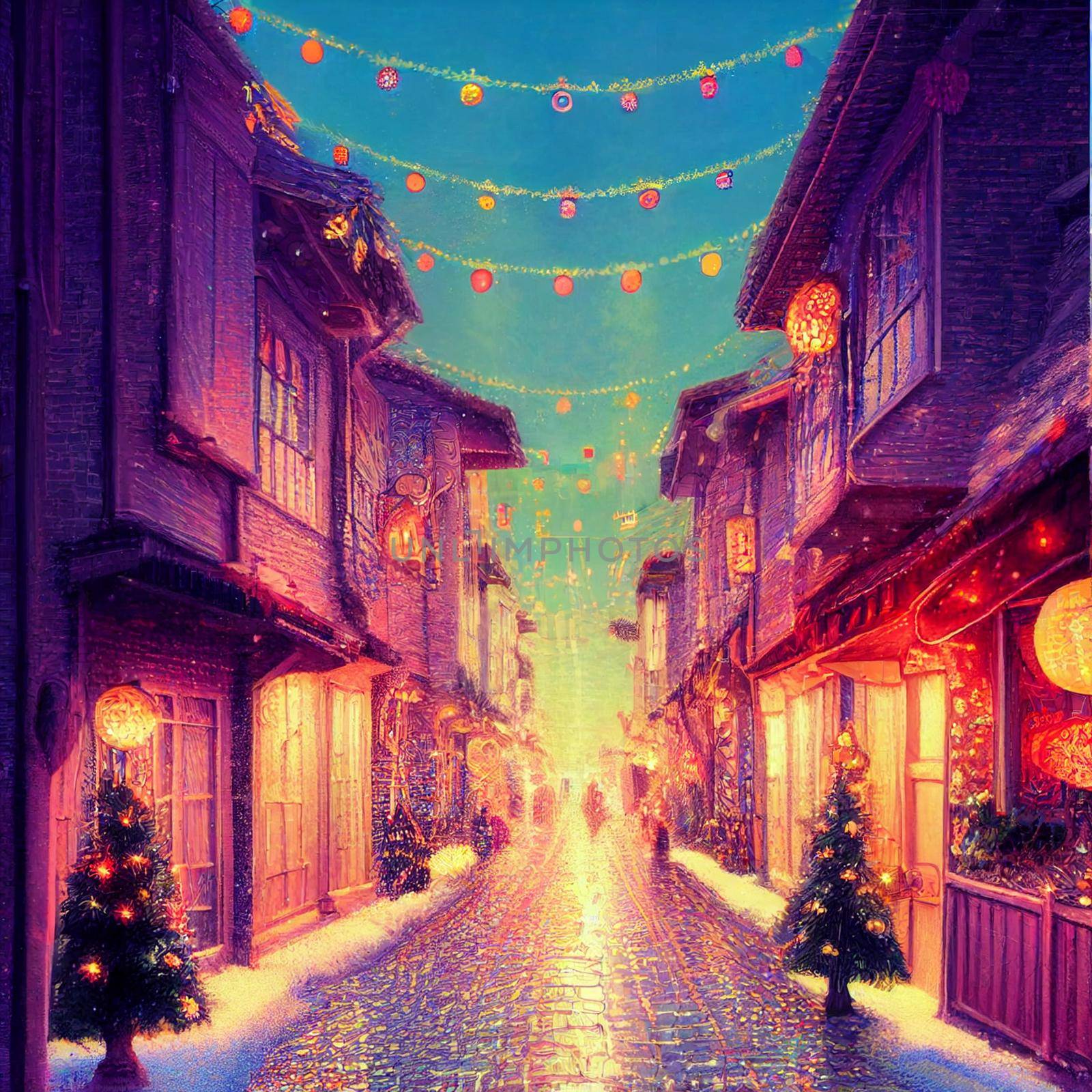 Colorful illustration of street in christmas. High quality illustration