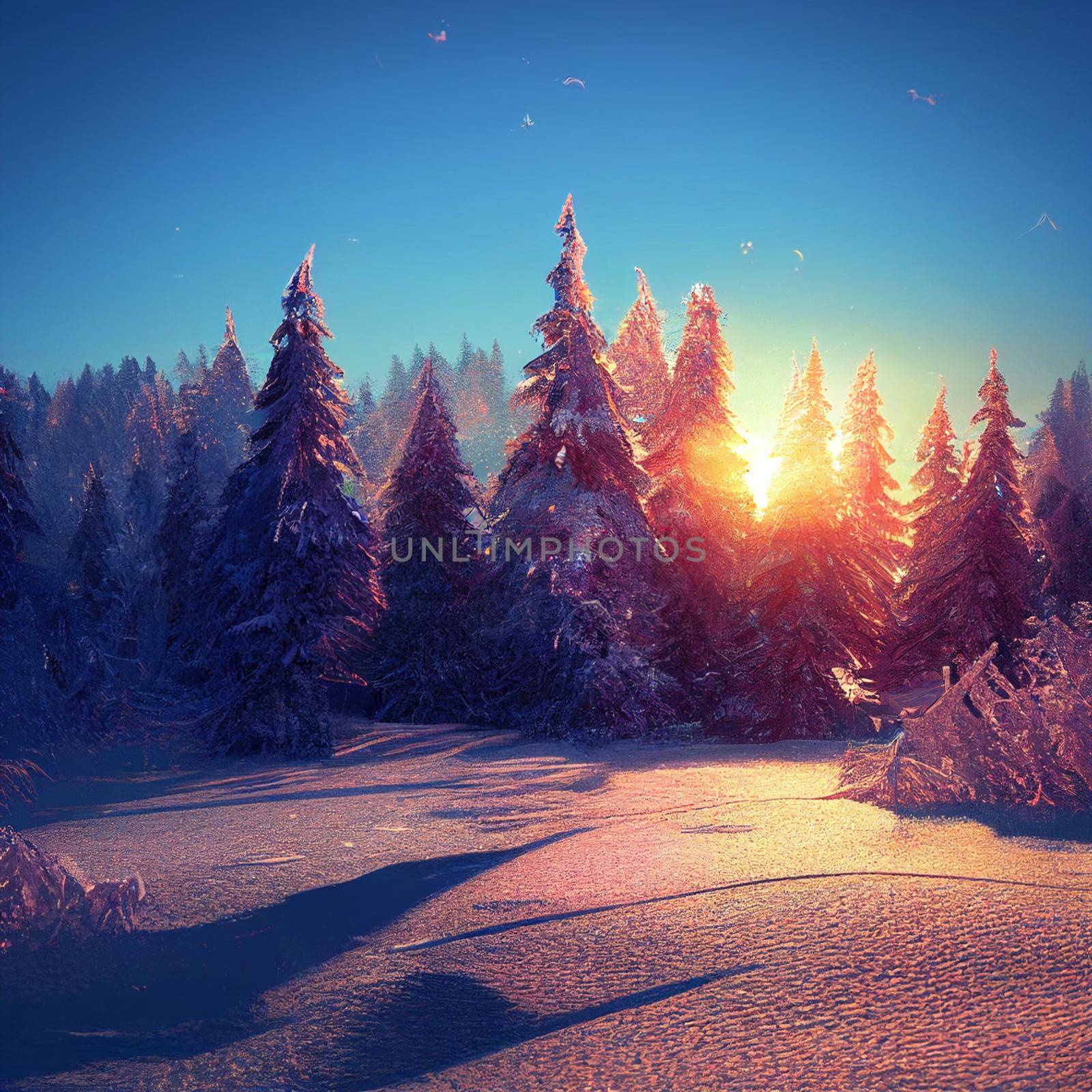 Winter morning in the forest. High quality illustration