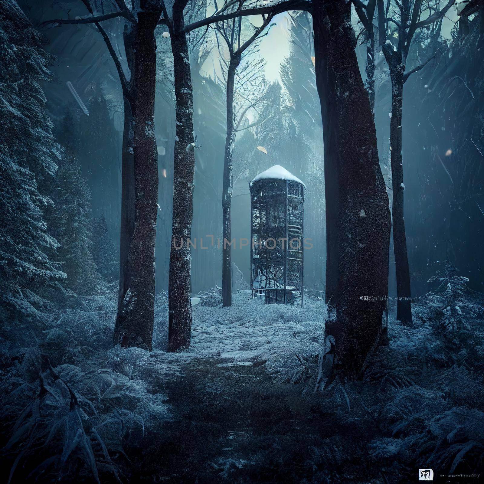 Lonely abandoned tower in the winter forest. High quality illustration