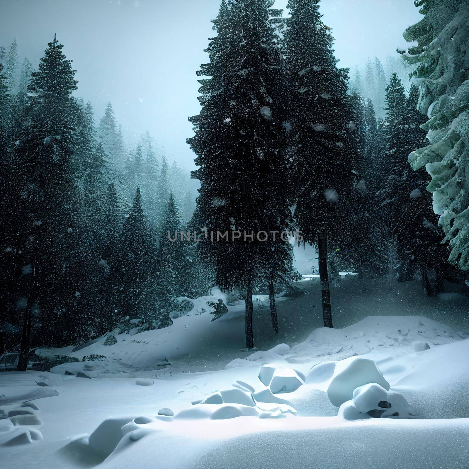Gloomy image of a snowy forest. High quality illustration