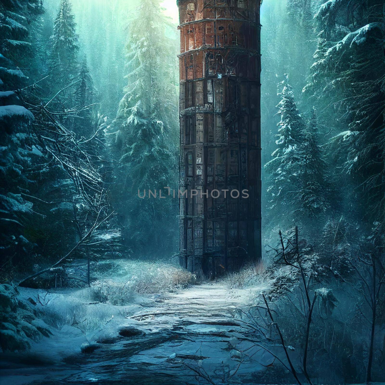 Lonely abandoned tower in the winter forest by NeuroSky