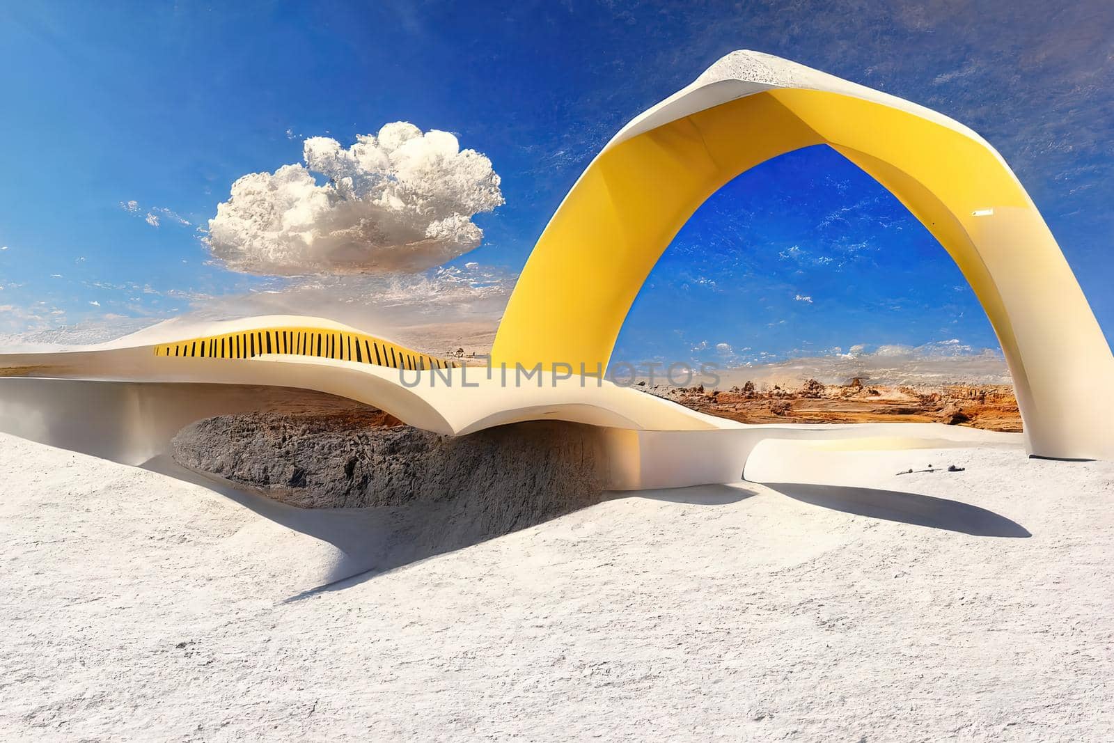 Surreal desert landscape with yellow arch and white clouds, 3d render by Farcas