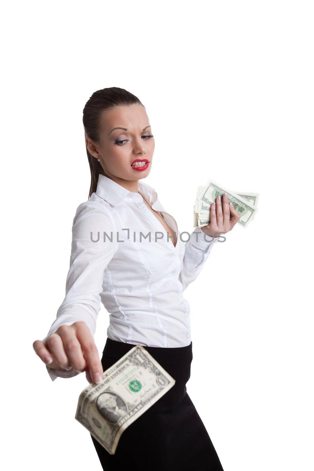 sexy business woman take a dollar with defiance by rivertime