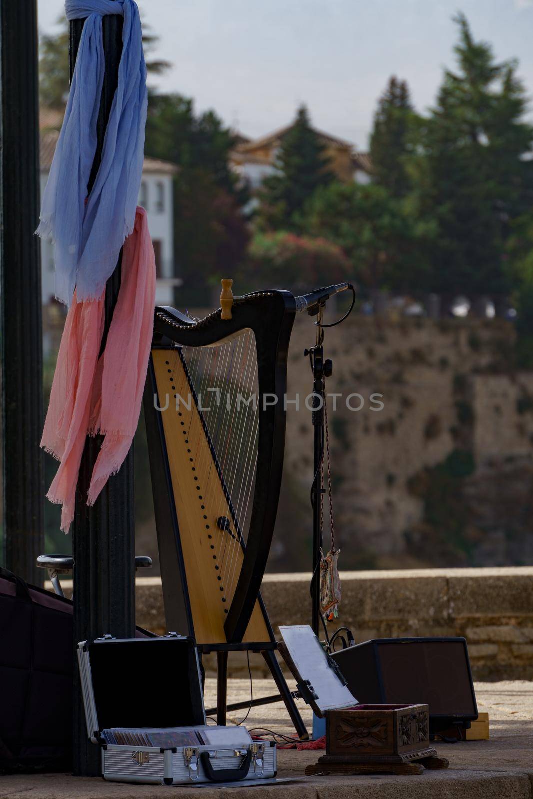 street musician's harp with colored handkerchiefs trees out of focus in the background