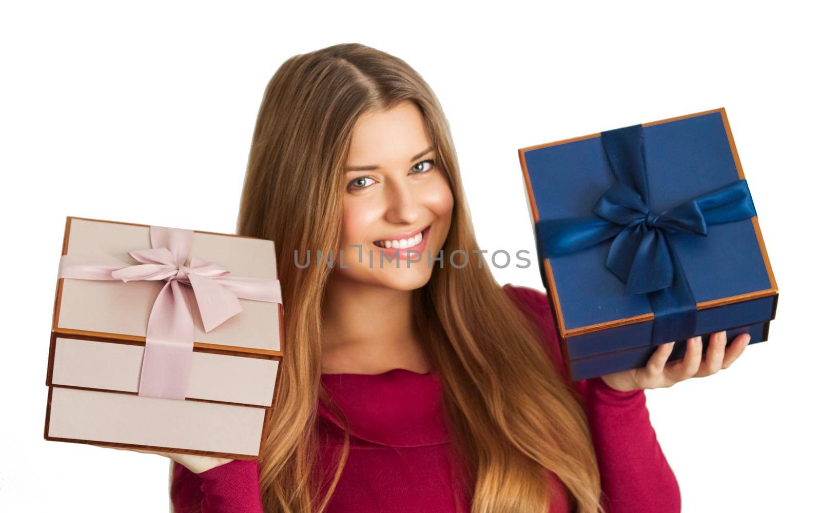 Birthday, Christmas gifts or holiday present, happy woman holding gift boxes isolated on white background by Anneleven