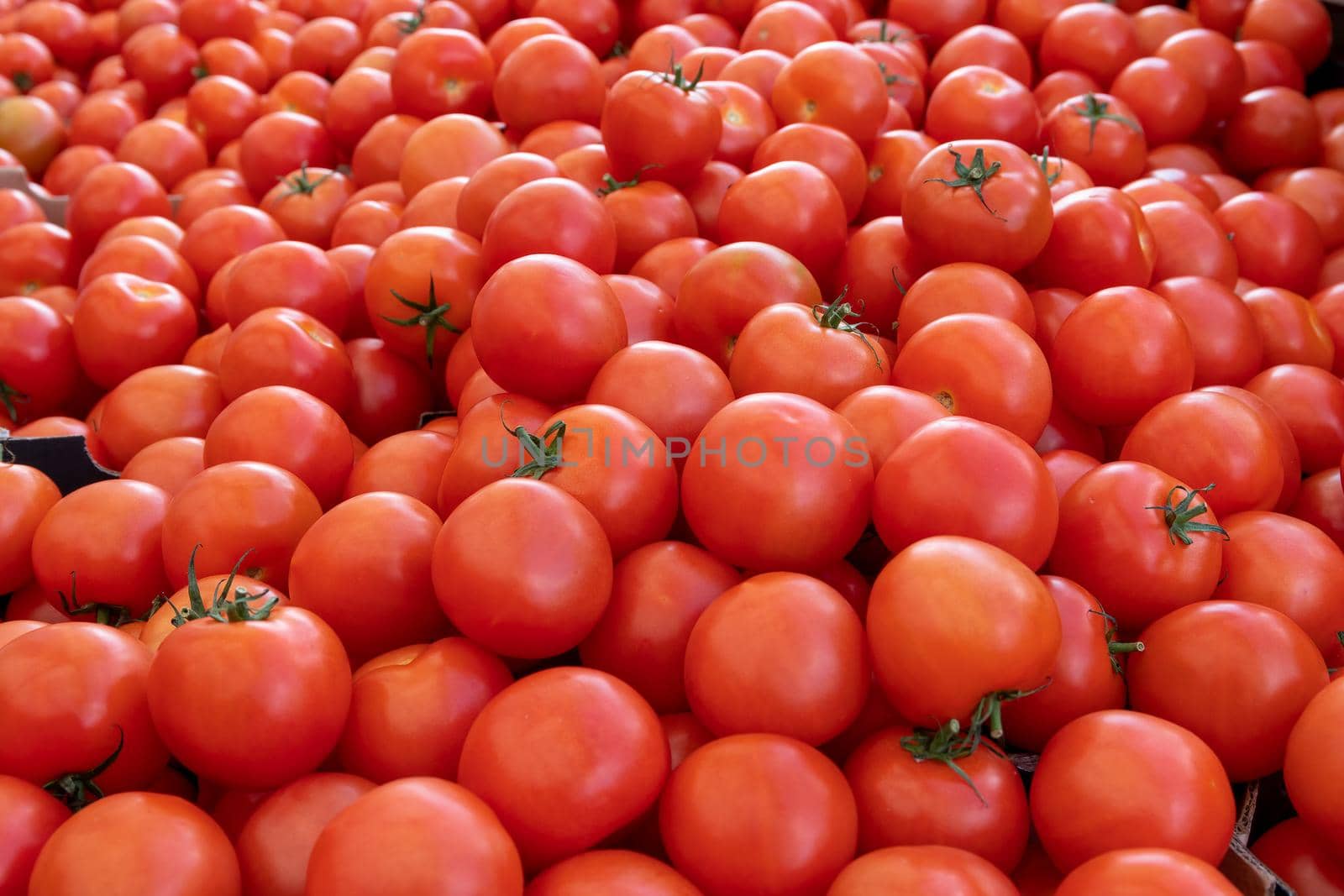 Large pile of fresh, organic tomatoes on a market stall