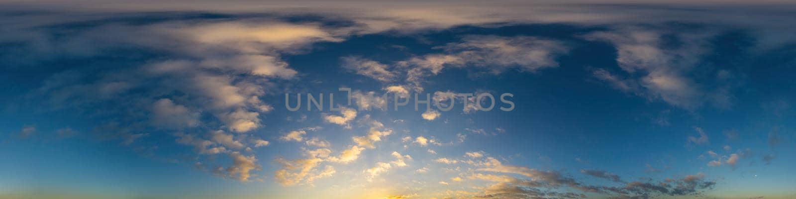 Sky panorama with Cirrus clouds in Seamless spherical equirectangular format. Full zenith for use in 3D graphics, game and editing aerial drone 360 degree panoramas for sky replacement