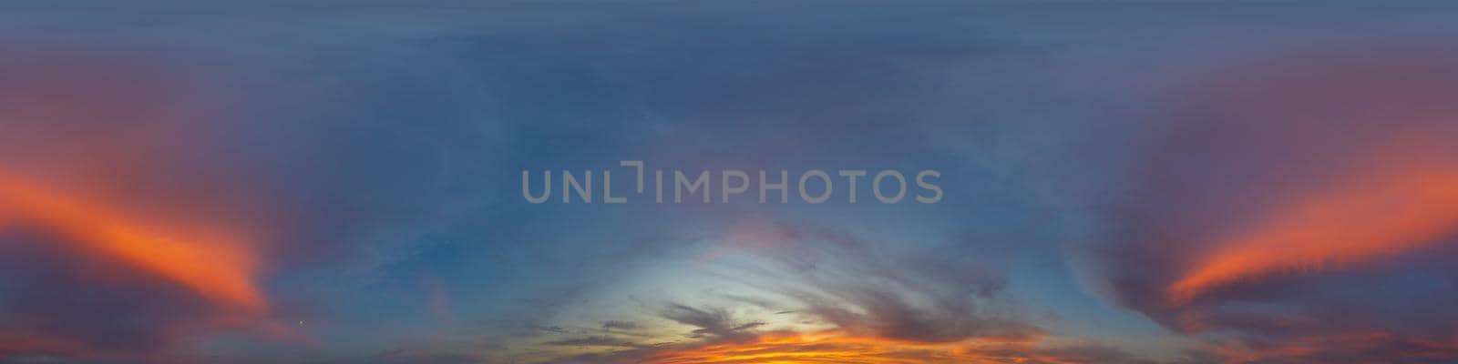 Dark blue sunset sky panorama with pink Cumulus clouds. Seamless hdr 360 pano in spherical equirectangular format. Full zenith for 3D visualization, game, sky replacement for aerial drone panoramas