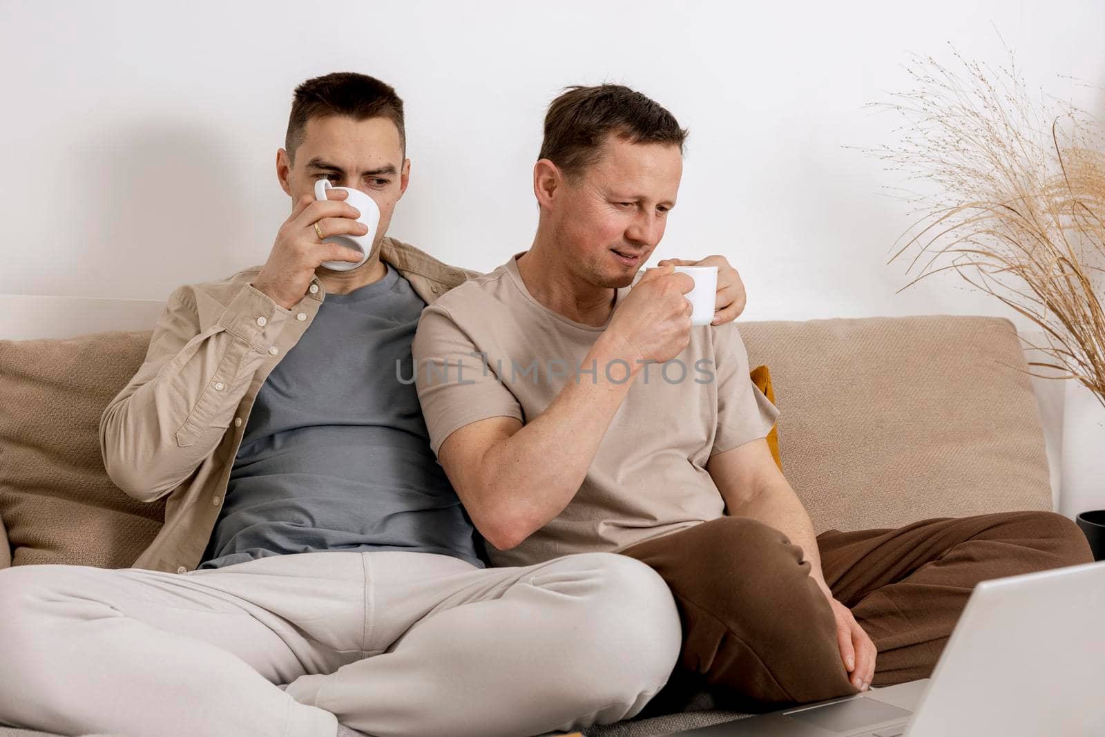 Happy gay couple with casual clothes spending time together at home, watching movie on the laptop and drinking tea. Two caucasian men relaxing. Homosexual relationships and alternative love