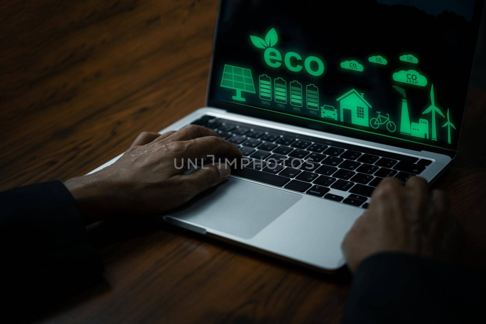 eco company conservation future accounting energy strategy industry development environmental pollution virtual computer laptop technology business concept. by aoo3771