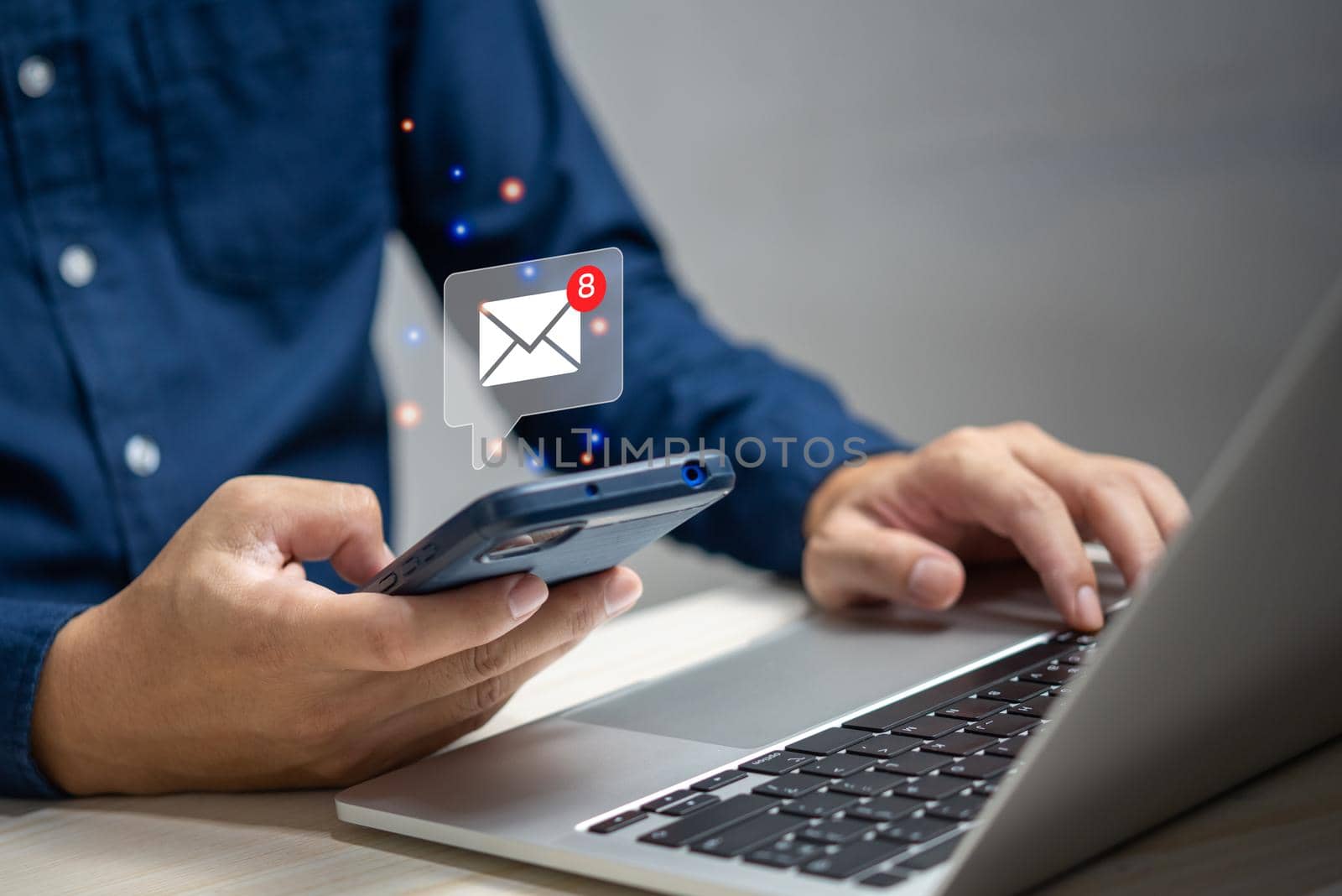 businessman holding hand touchscreen smartphone and checking email icon online or sending mail to partner and customer on web with virtual interface technology concept.