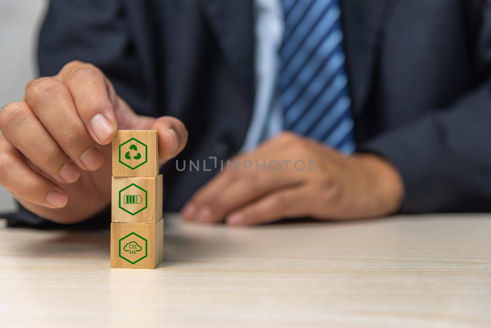Wood cube block icon eco Environmental Social and Governance net zero and carbon concept of sustainable development of the organization.Investing and management of pollution to reduce global warming.