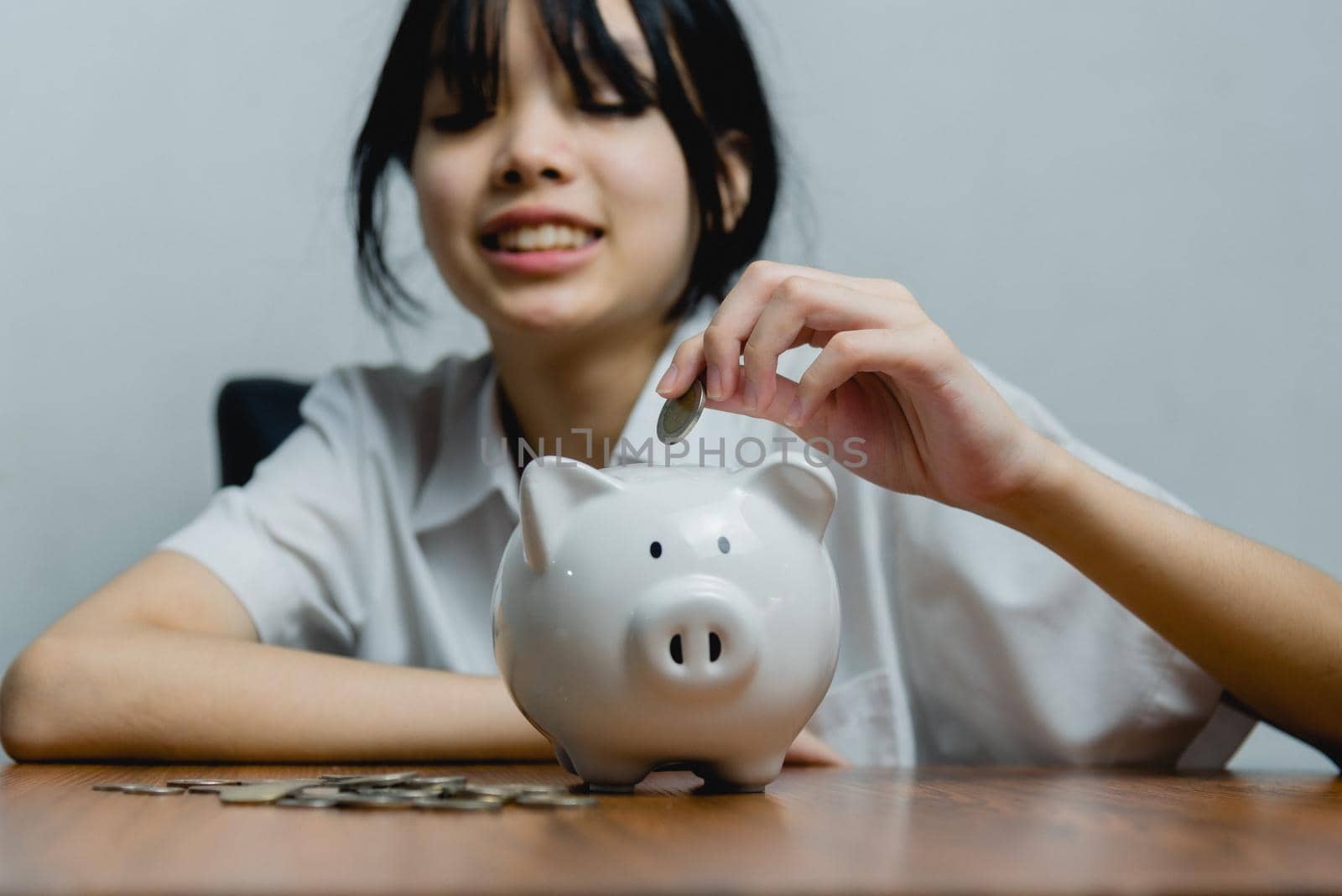 child asian finance economic investment wealth pig currency money business banking, cash success saving girl holding coin piggy bank.