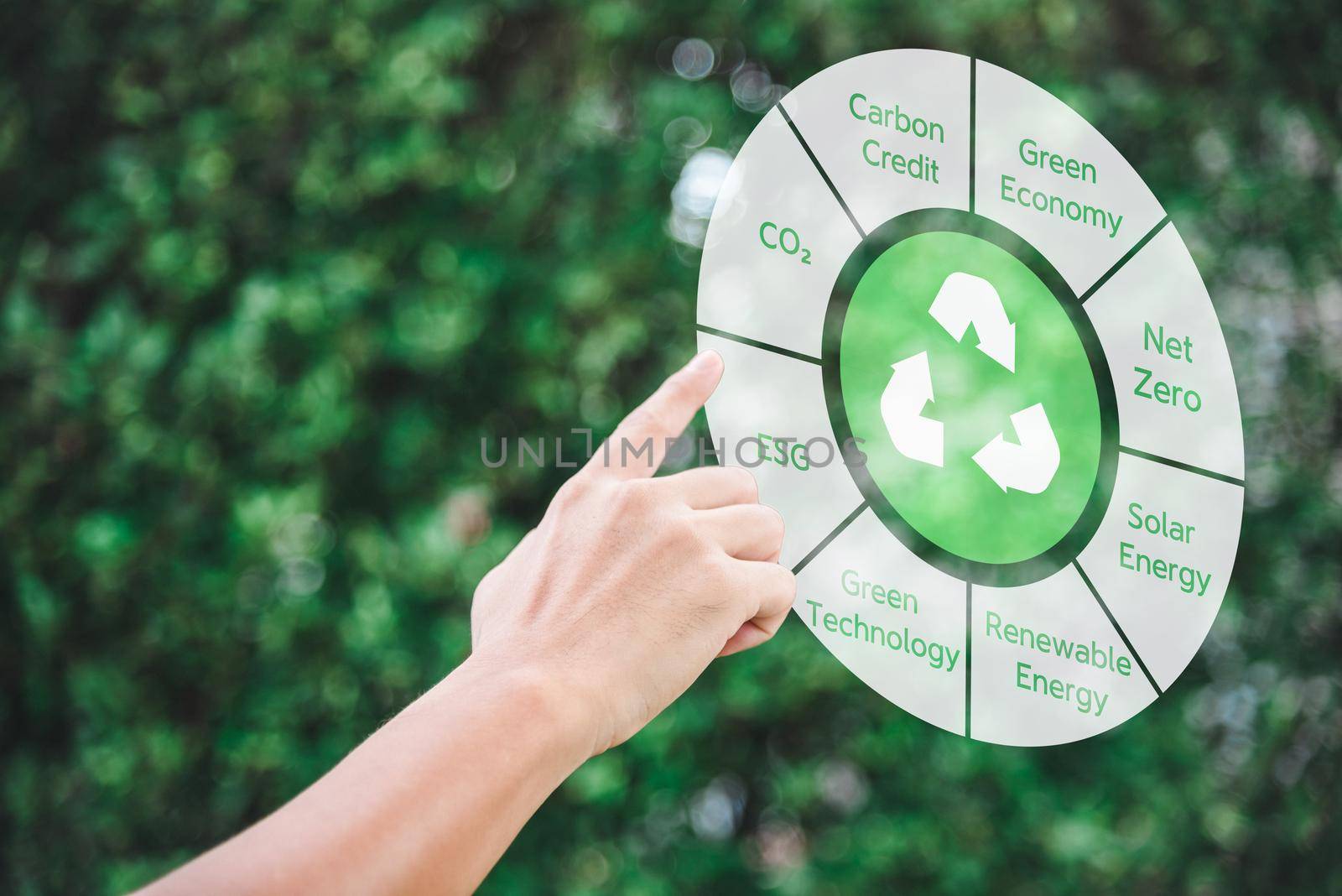 Hand touch icon recycle green energy carbon credit net zero esg co2 digital technology on green background concept.