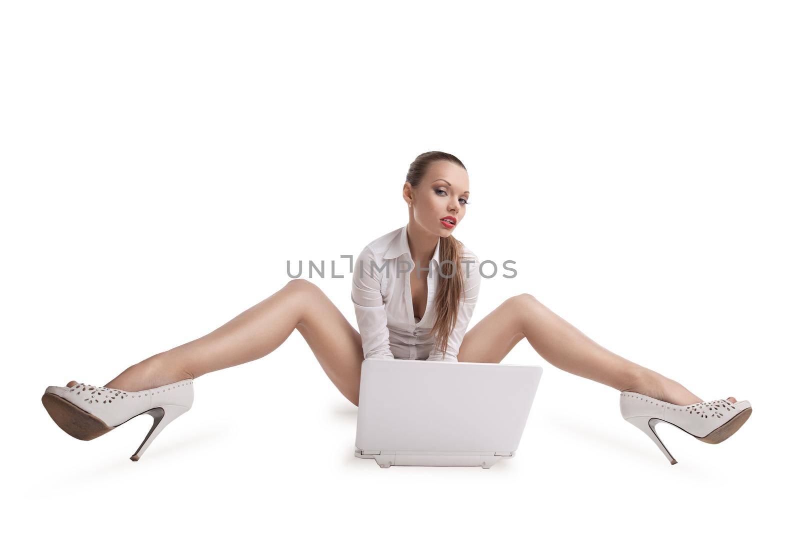 sexy young woman sit with laptop and beauty long legs