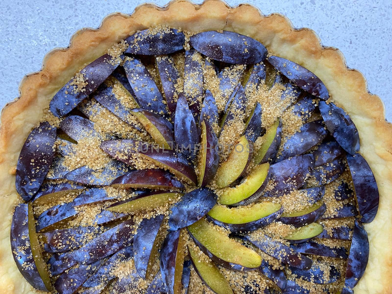 Homemade fruit tart with plums and frangipane almond cream prepared for baking by Proxima13