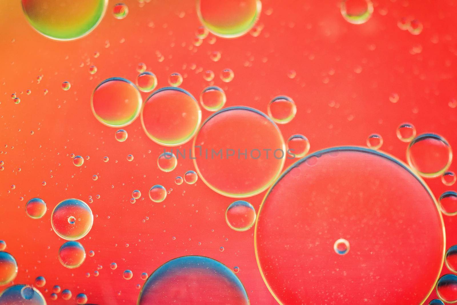 Oil drops in water. Defocused abstract psychedelic pattern image red colored. Abstract background with colorful gradient colors. DOF.