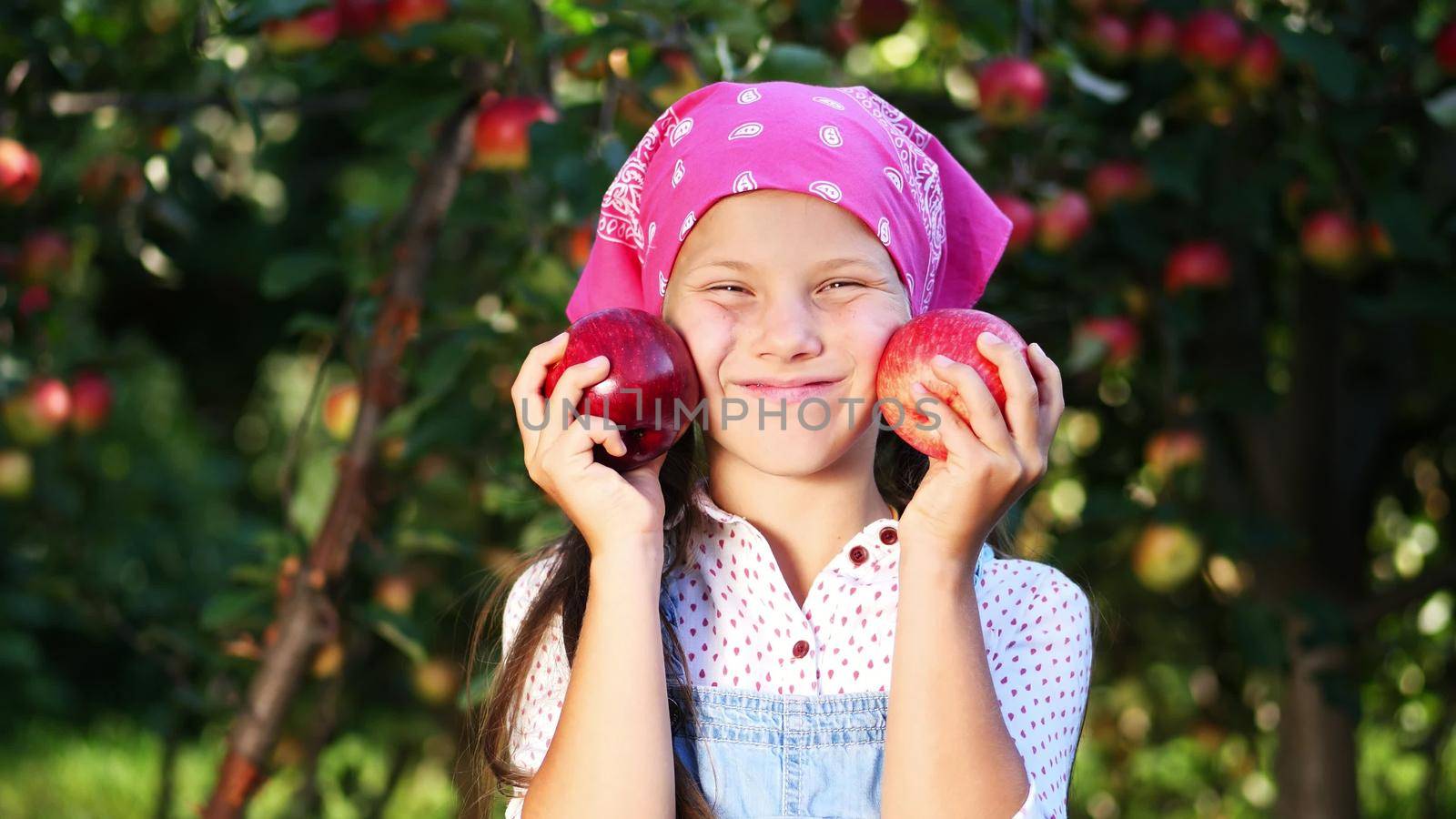 cute farmer girl holding in hands two large ripe red apples in sunshine light, and smiling. picking apples on farm, in garden. on sunny autumn day. Agriculture and gardening concept. Healthy nutrition. High quality photo