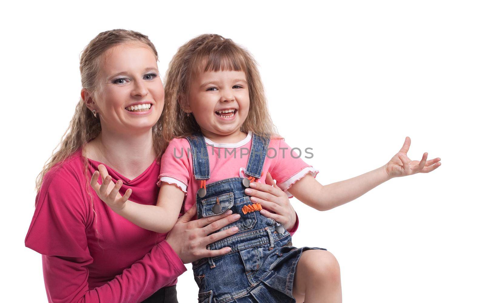 portrait of happy young mother hold smiling daugher isolated