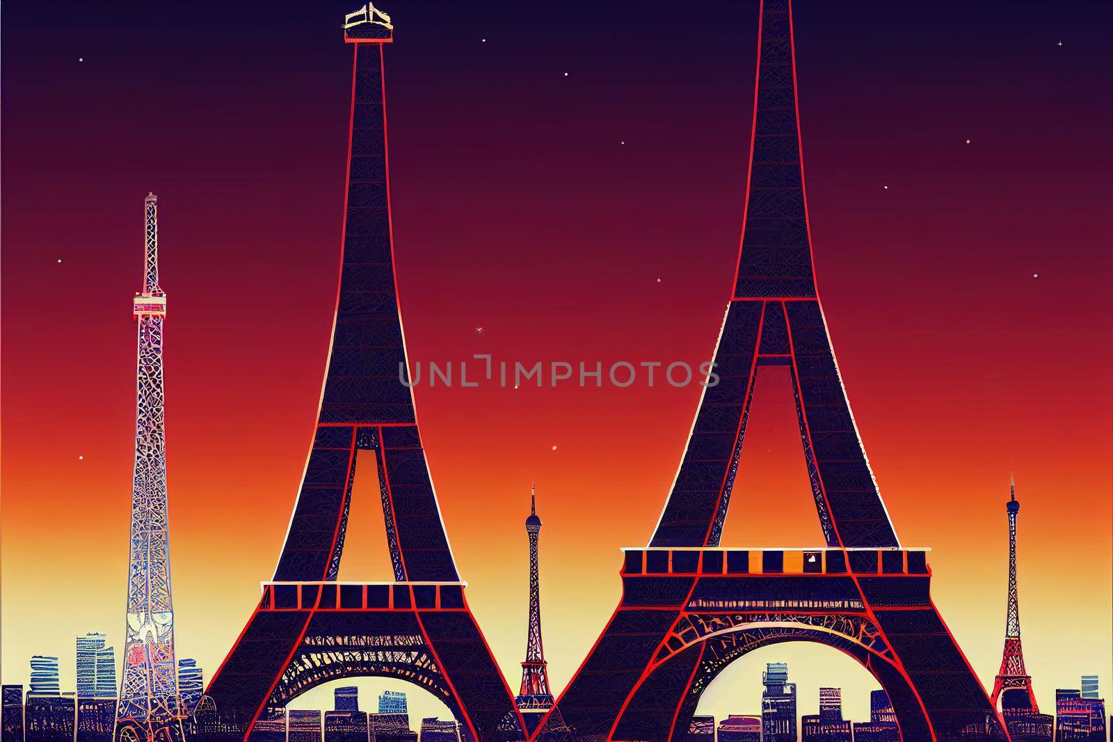 2d paint, eiffel towers in abdstract anime style. High quality illustration