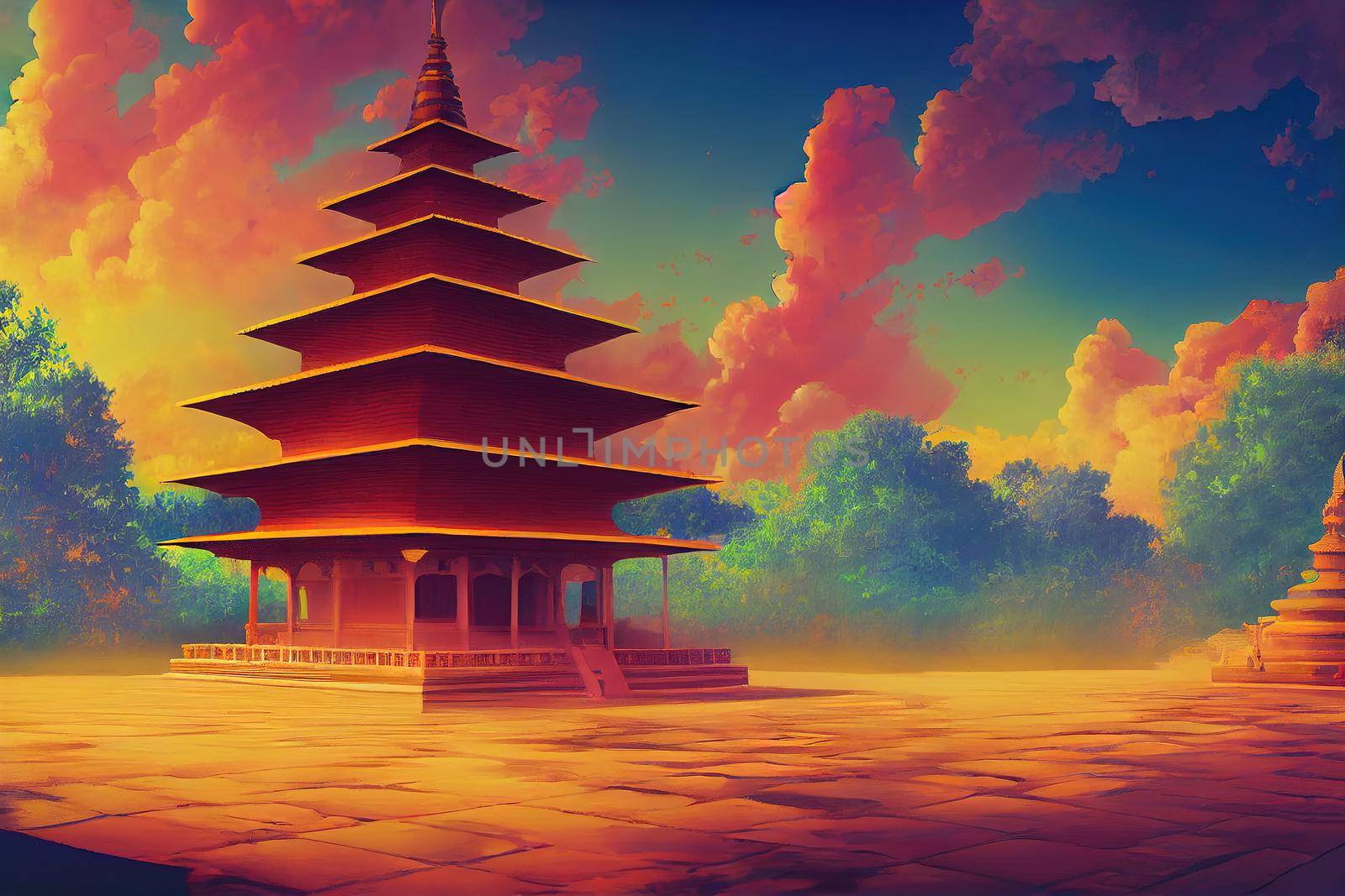 2d style, A hindu temple in Victoria capital city of Seychelles , Anime style U1 1 by 2ragon