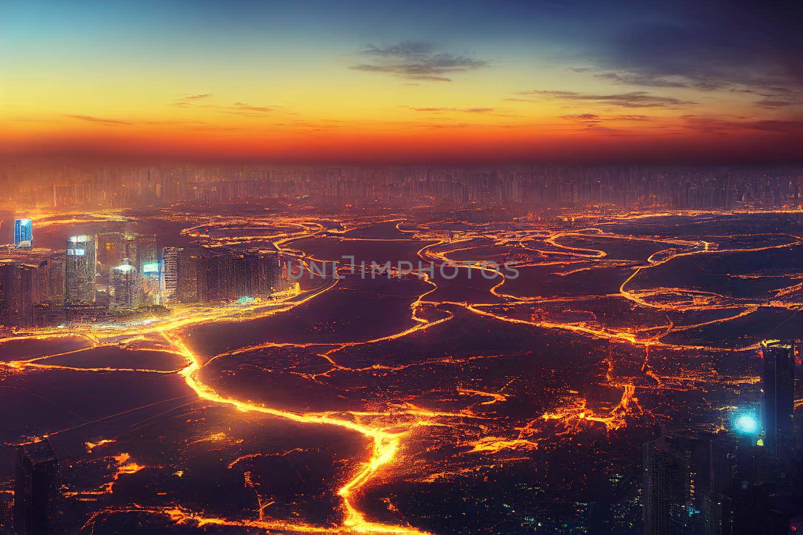 Aerial view of Skyline in Shenzhen city CBD sunset in China , style U1 1