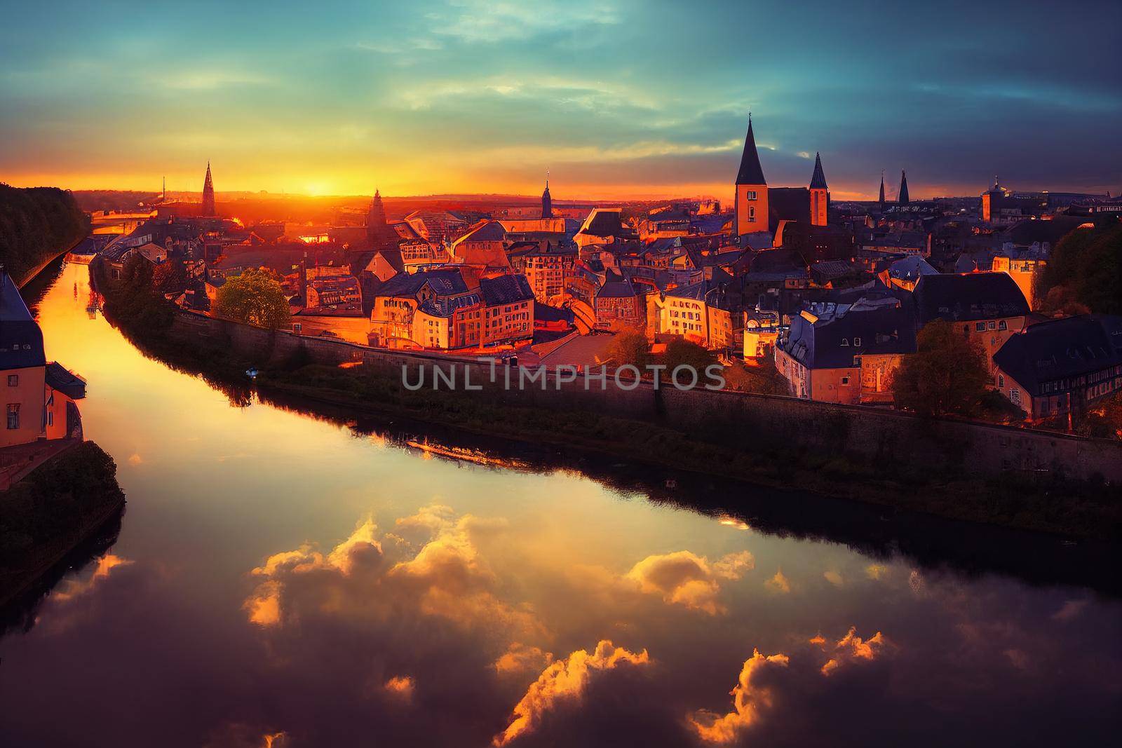 Luxembourg City Luxembourg Cityscape image of old town on Alzette River skyline during beautiful sunset , style U1 1