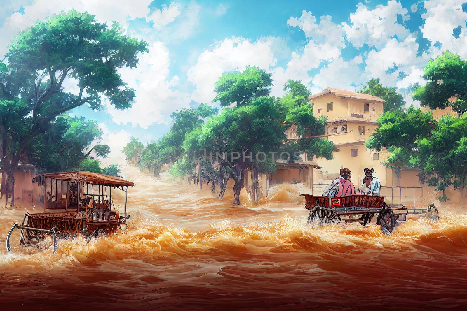 anime style, A mule donkey cart in a flash floods water in old city area The Signboard are in Urdu and English language Karachi Pakistan. 2d illustration